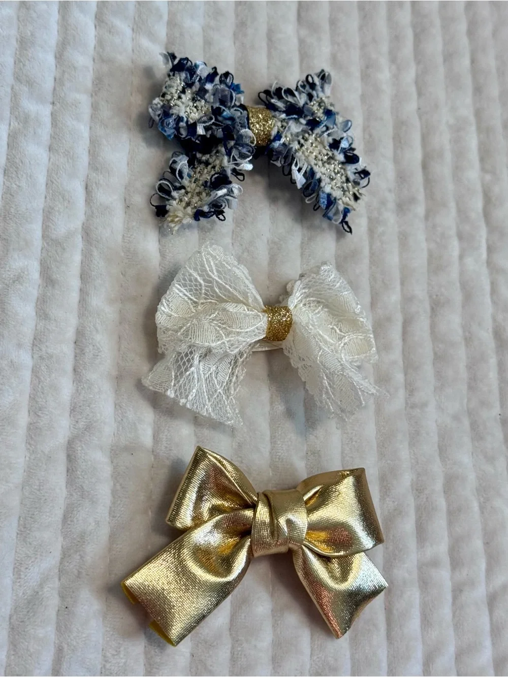 Kids Bow Hair Clips - Navy Tweed, Ivory, and Gold Set
